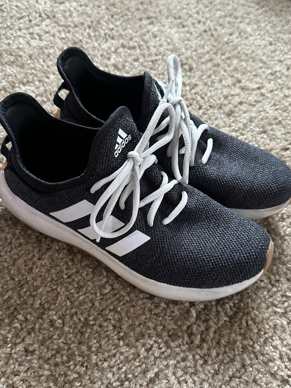 adidas Women's Black Knit Athletic Sneakers with White Stripes